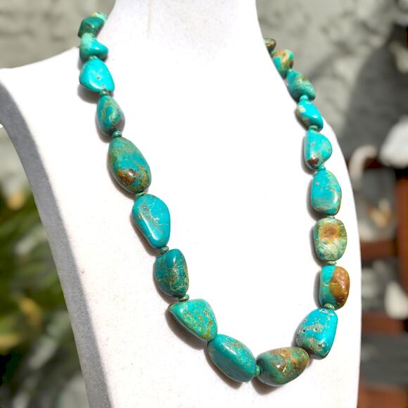Vintage Jewelry - Vtg Royston Turquoise Necklace Native American Large Chunk Beads Sterling Silver